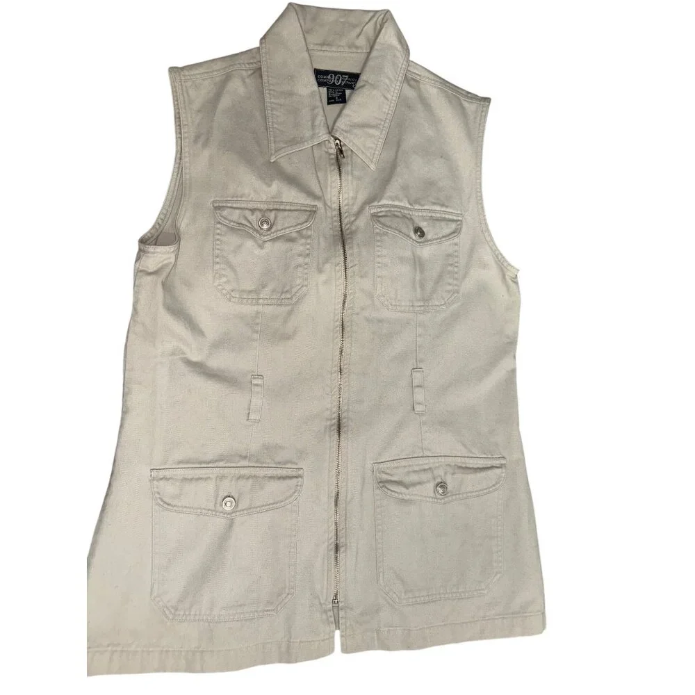 907 Company Small Utility Travel Vest Neutral Cotton Zip Front Functional - Picture 9 of 10